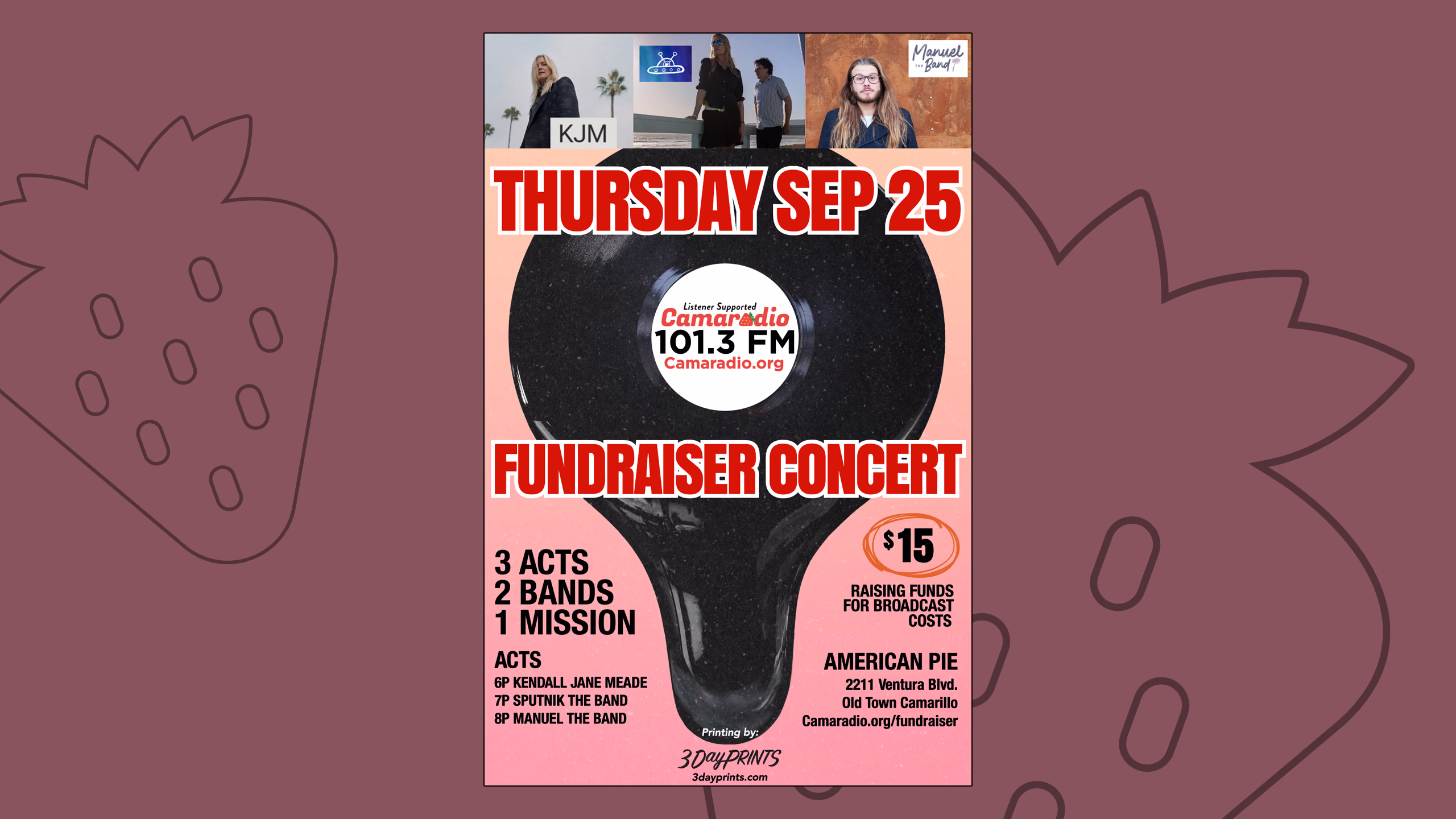 A flyer promoting Camaradio's September 2025 fundraiser concert at American Pie Records