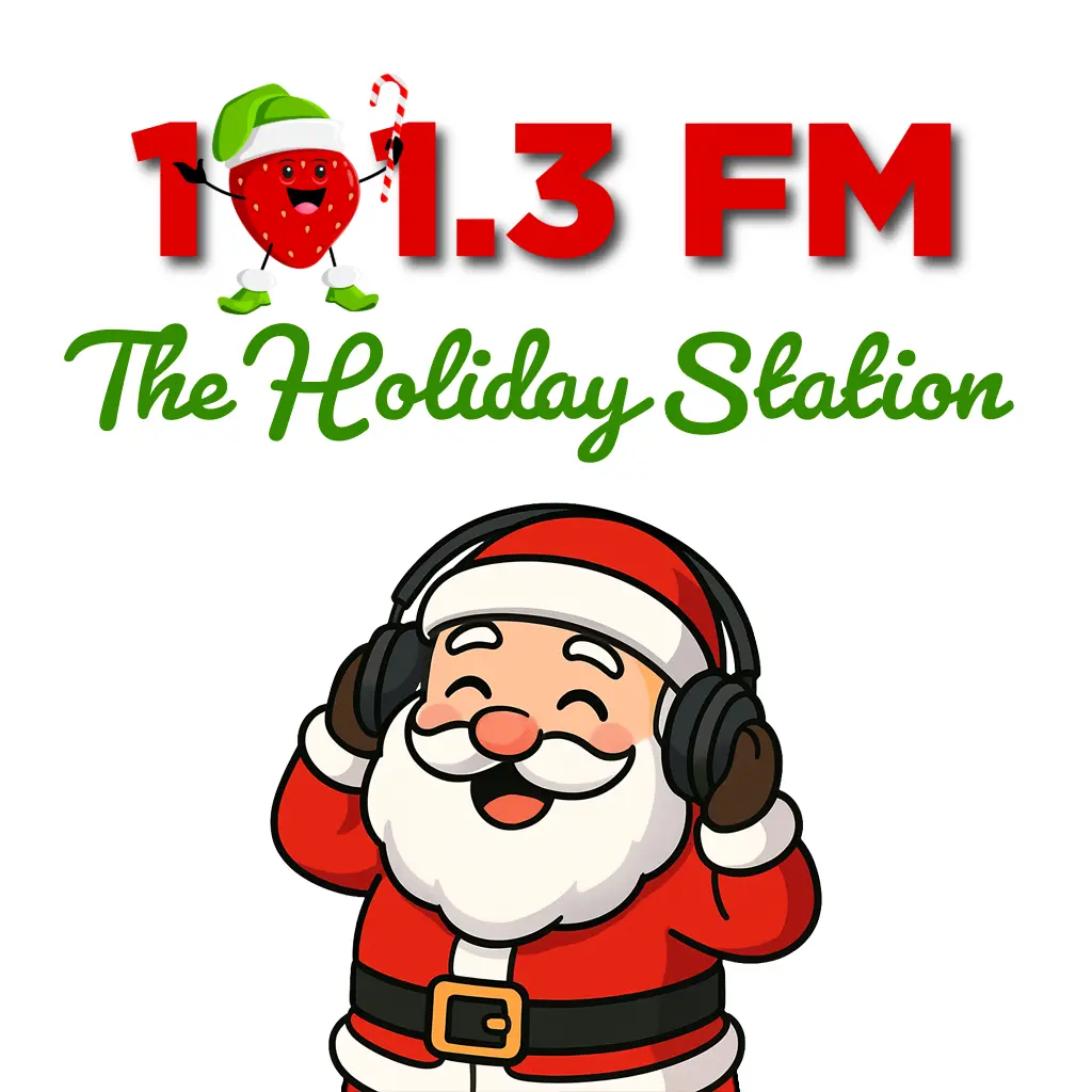 The Holiday Station logo featuring a strawberry wearing a Santa hat and holding a candy cane along with a cute, cartoon Santa Claus wearing headphones