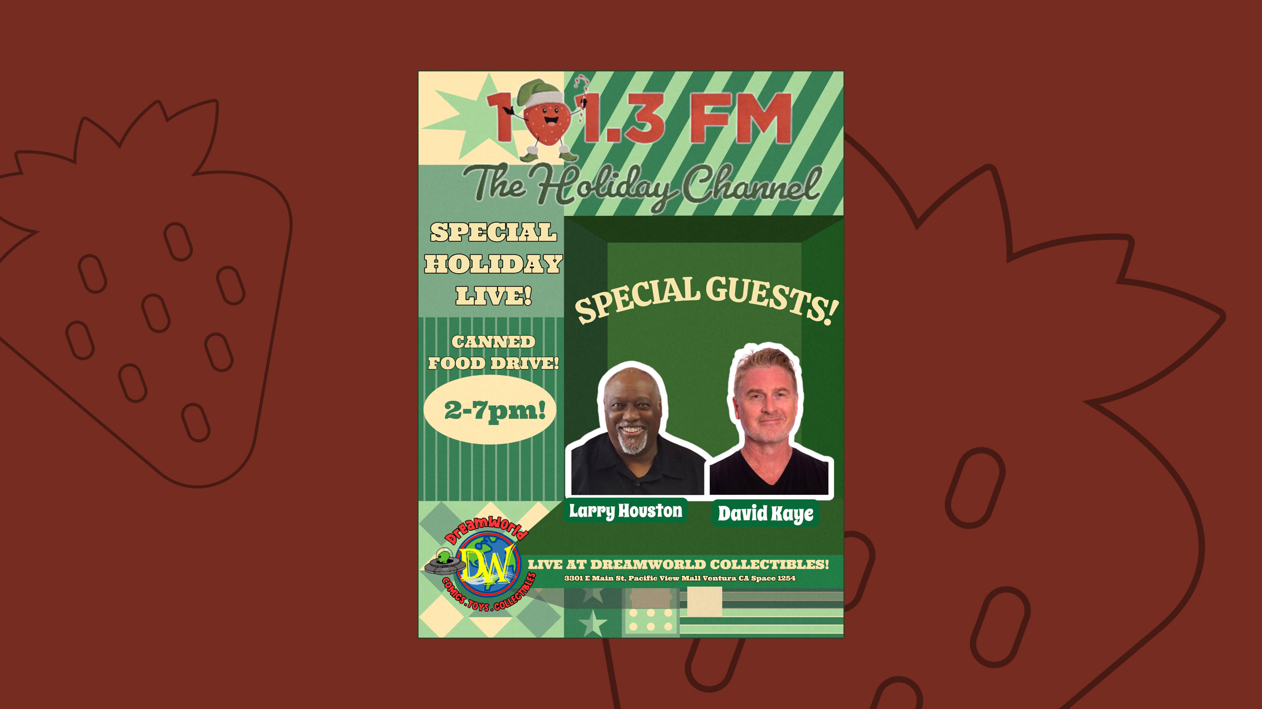 A flyer advertising special guests Larry Houston from Marvel and voice actor David Kaye appearing at the Cans for Comics Food Drive in Camarillo.