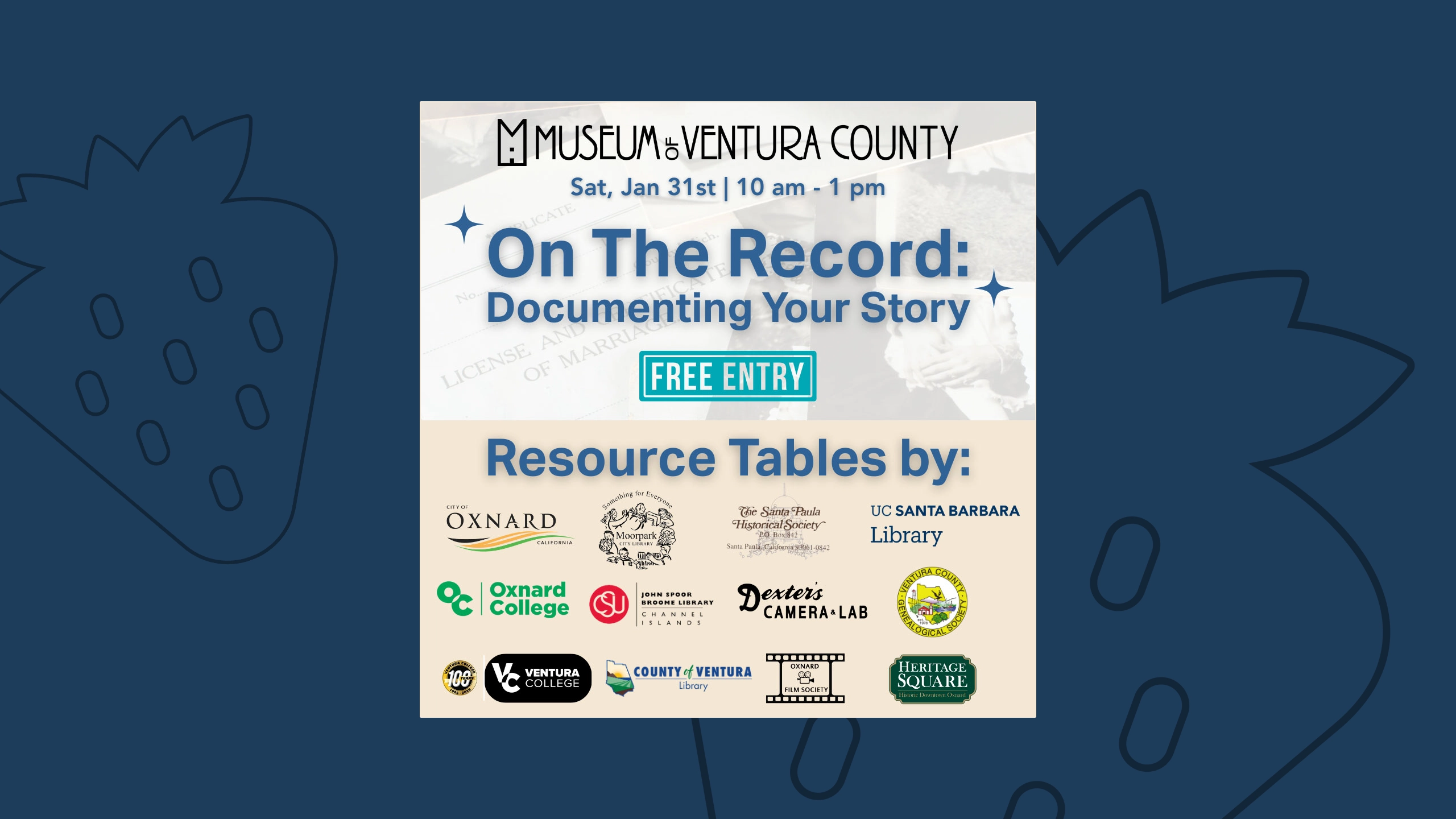 A promotional image for the Museum of Ventura County's On The Record: Documenting Your Story event