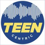 A blue circle with white sound waves and yellow text making up the Teen Centric radio show logo