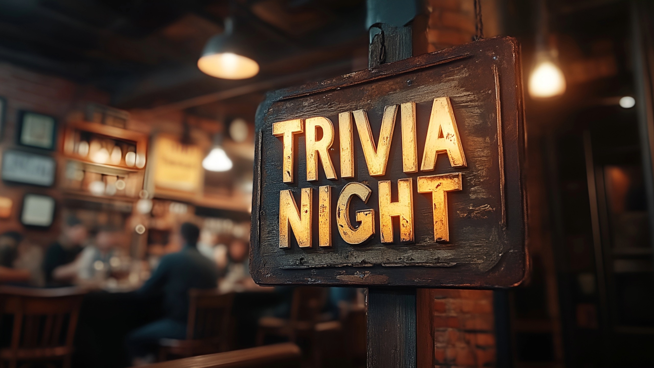A close up of a tattered sign inside a cozy bar that reads, "Trivia Night"