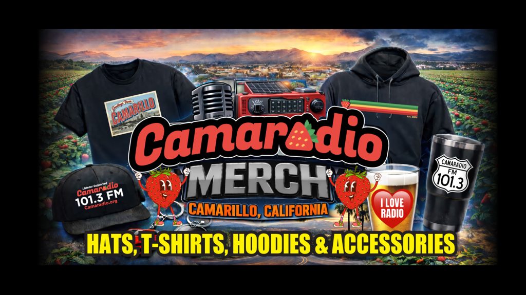 An image featuring a shirt, sweater, hat, coffee mug and more with Camaradio logos on them.