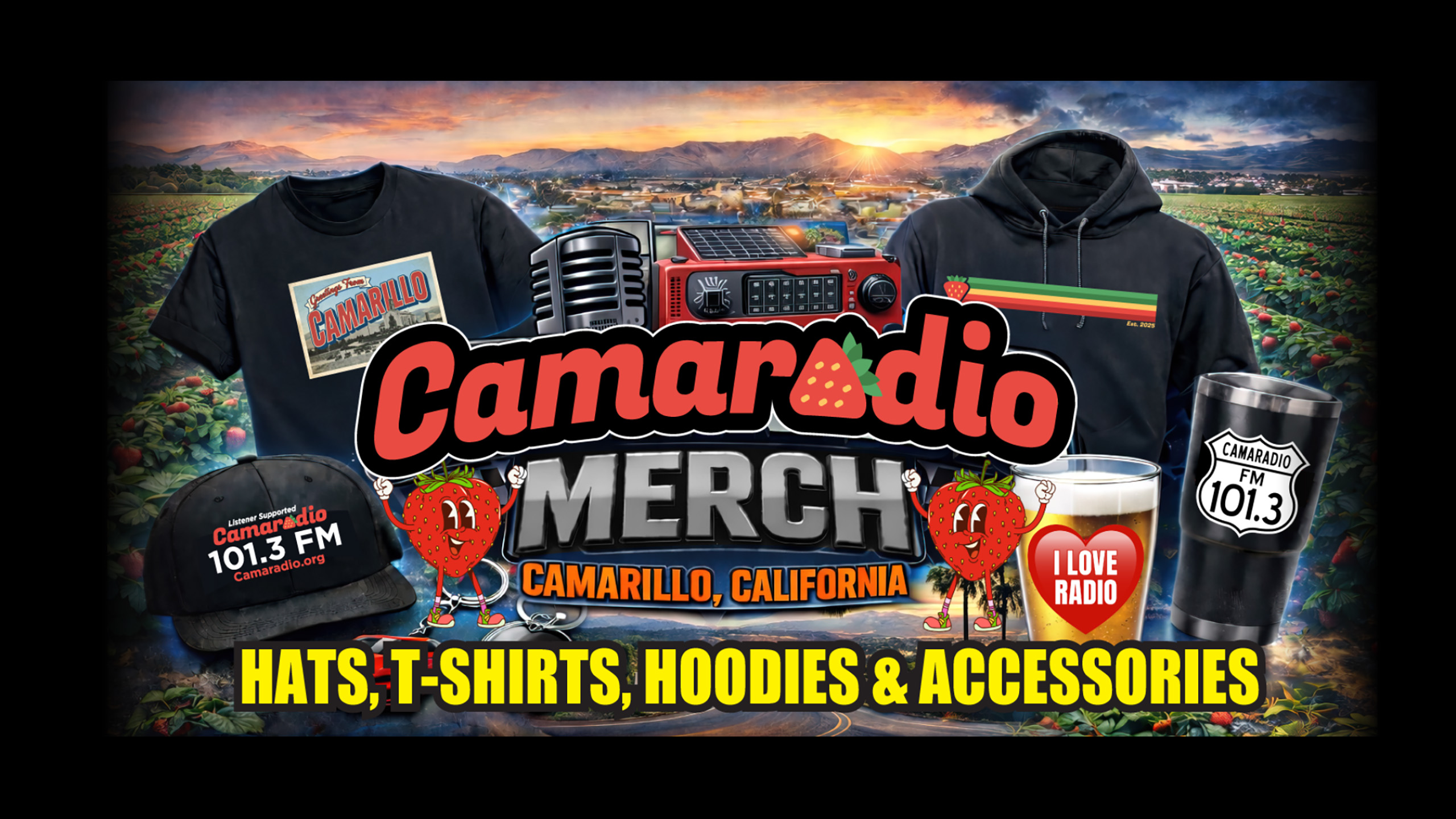 An image featuring a shirt, sweater, hat, coffee mug and more with Camaradio logos on them.