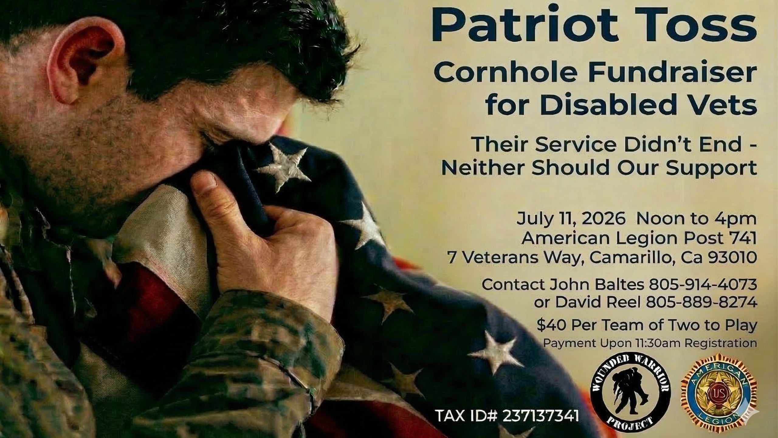 A flyer featuring an American military vet crying into an American Flag. To the right is information about an upcoming cornhole fundraiser