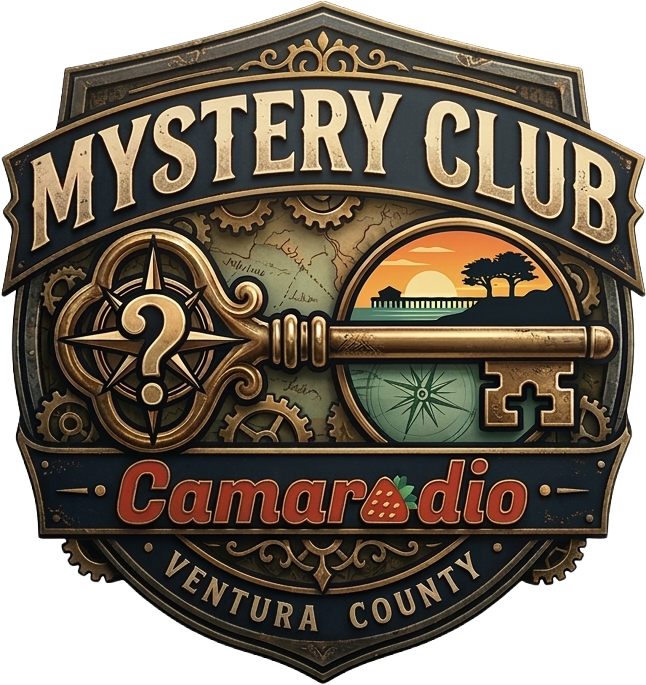 A steampunk-style badge logo for Camaradio Mystery Club featuring an old skeleton key overlaying gears and cogs and a sunset image of Ventura, California. It links to a sign-up form to join the club