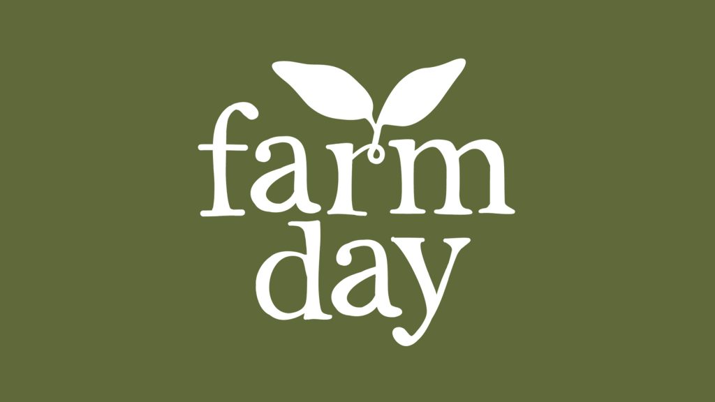 Ventura County Farm Day event logo featuring simple white text with two leaves growing out of the letter "r" on a solid green background.