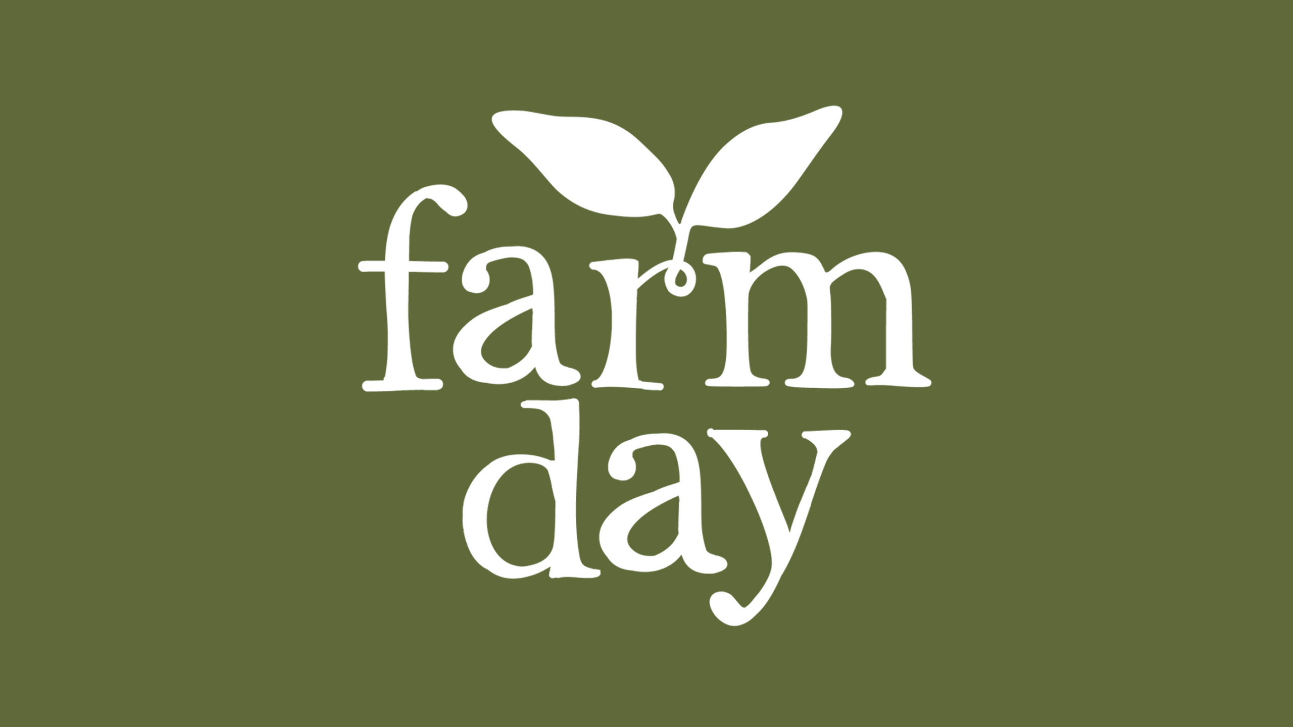 Ventura County Farm Day event logo featuring simple white text with two leaves growing out of the letter "r" on a solid green background.