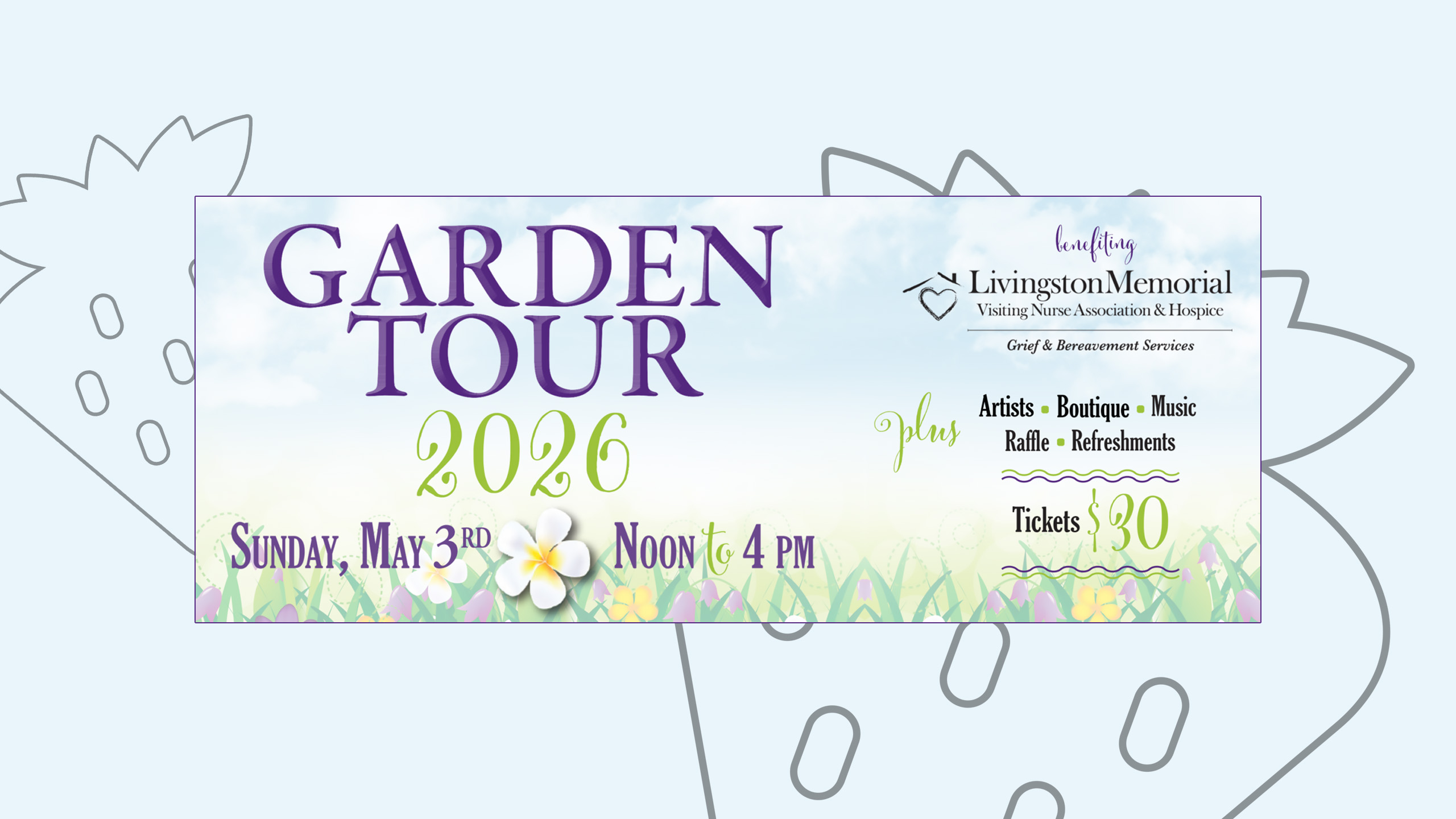 Flyer advertising the 2026 Garden Tour in Camarillo featuring bold, purple letters overlaying a watercolor garden and blue sky.