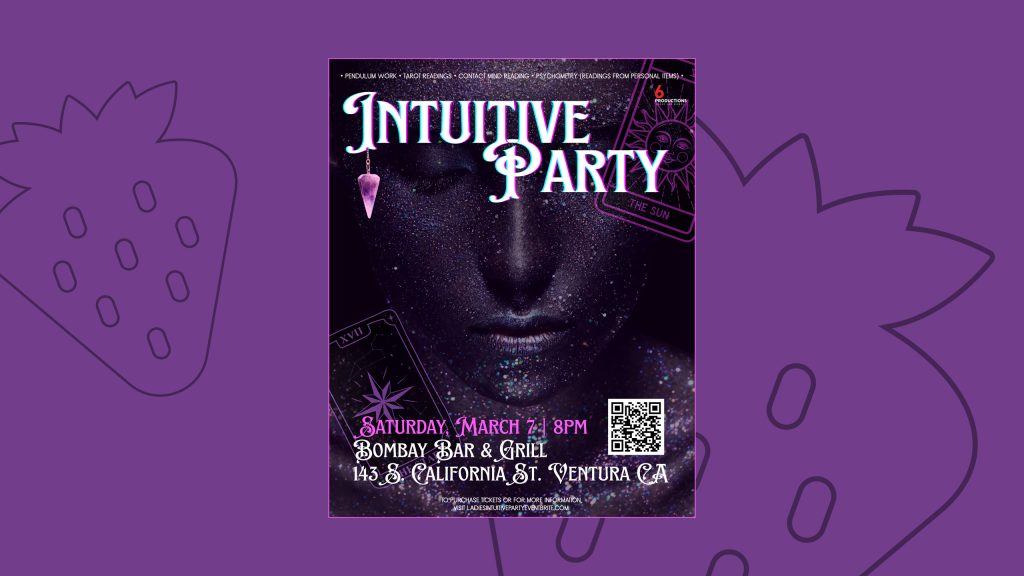 A flyer advertising an intuitive party for ladies only. It features a purple, sparkly face with tarot cards overlaying it and a QR code in the bottom right corner.