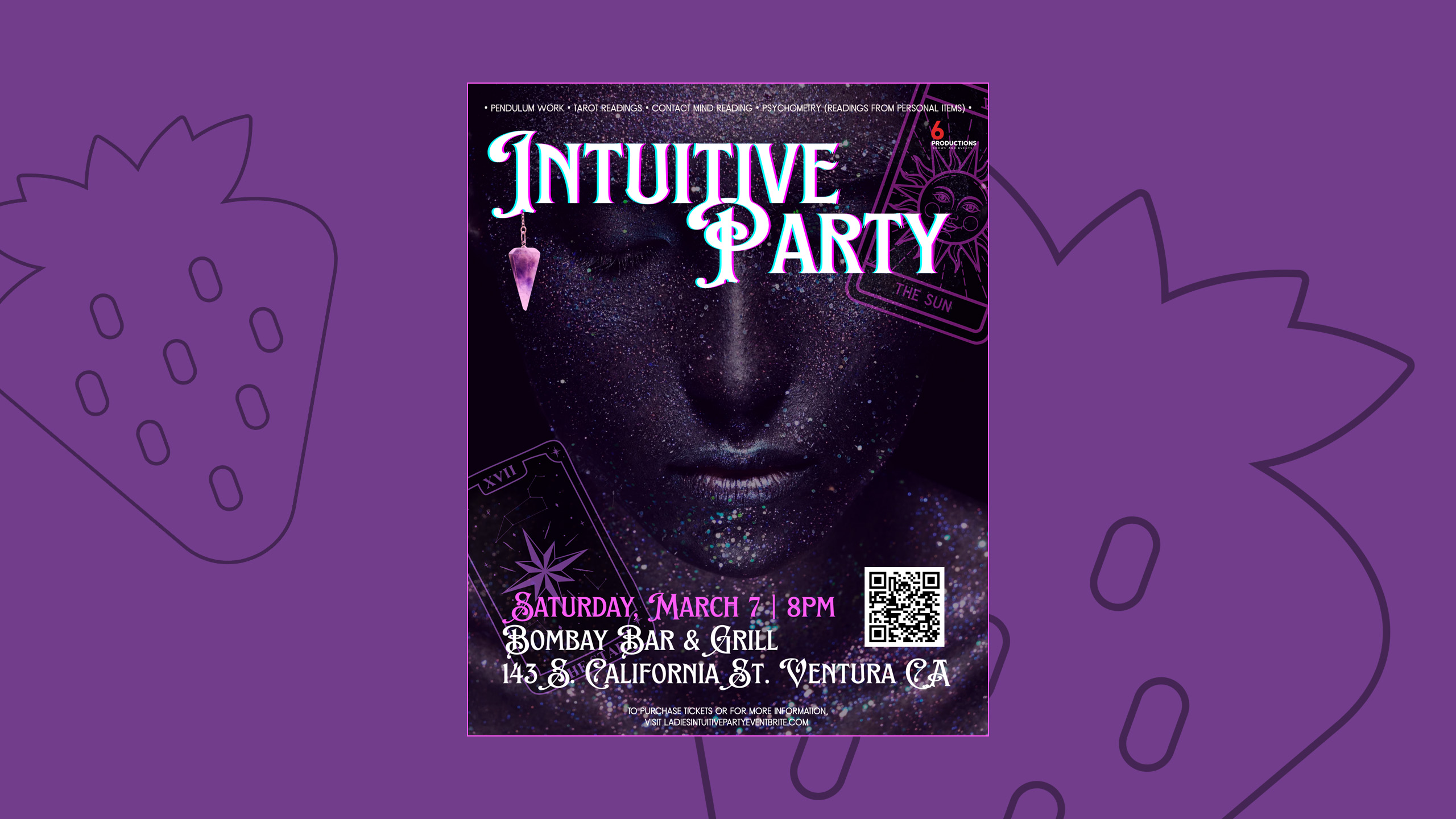 A flyer advertising an intuitive party for ladies only. It features a purple, sparkly face with tarot cards overlaying it and a QR code in the bottom right corner.
