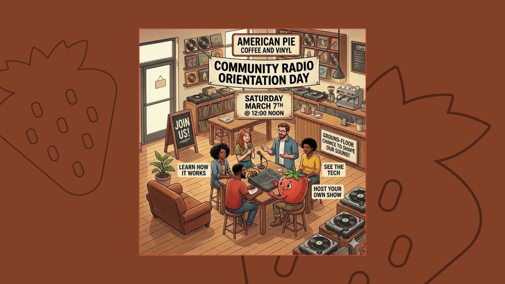 A graphic featuring a group of people sitting around a table inside a coffee shop learning about radio broadcasting.