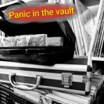 A black and white image showing crates of vinyl records and cases of cassette tapes with yellow text overlaying it that says "Panic In The Vault" which is the name of the radio show.