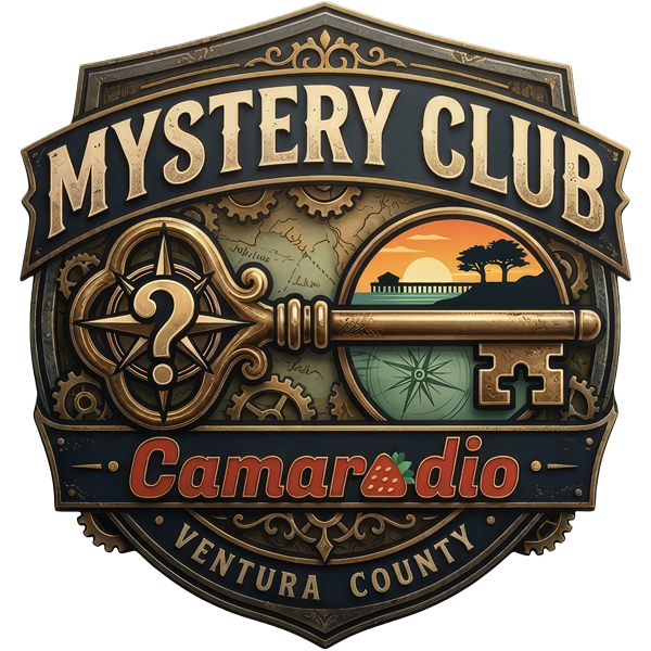 A steampunk-style badge logo for Camaradio Mystery Club featuring an old skeleton key overlaying gears and cogs and a sunset image of Ventura, California. It links to a sign-up form to join the club