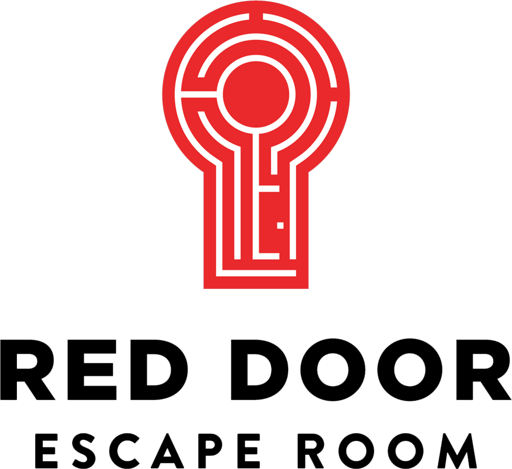 A red keyhole shape with white lines inside it making up a maze. Under the keyhole logo is text that says Red Door Escape Room