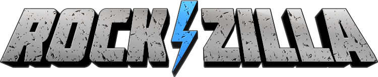 Rockzilla logo featuring bold, capital letters that look like old, chipped stone. Rock and Zilla are separated by a blue lighting bolt