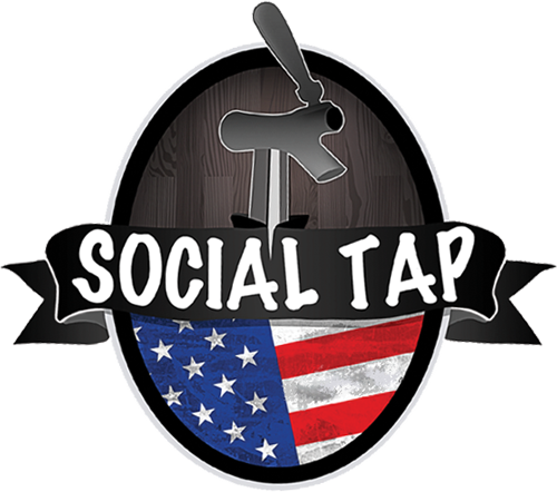 The Social Tap logo featuring a beer tap sticking out of the "Social Tap" letters. The top half of the background is a wooden barrel and the bottom half is an American flag.