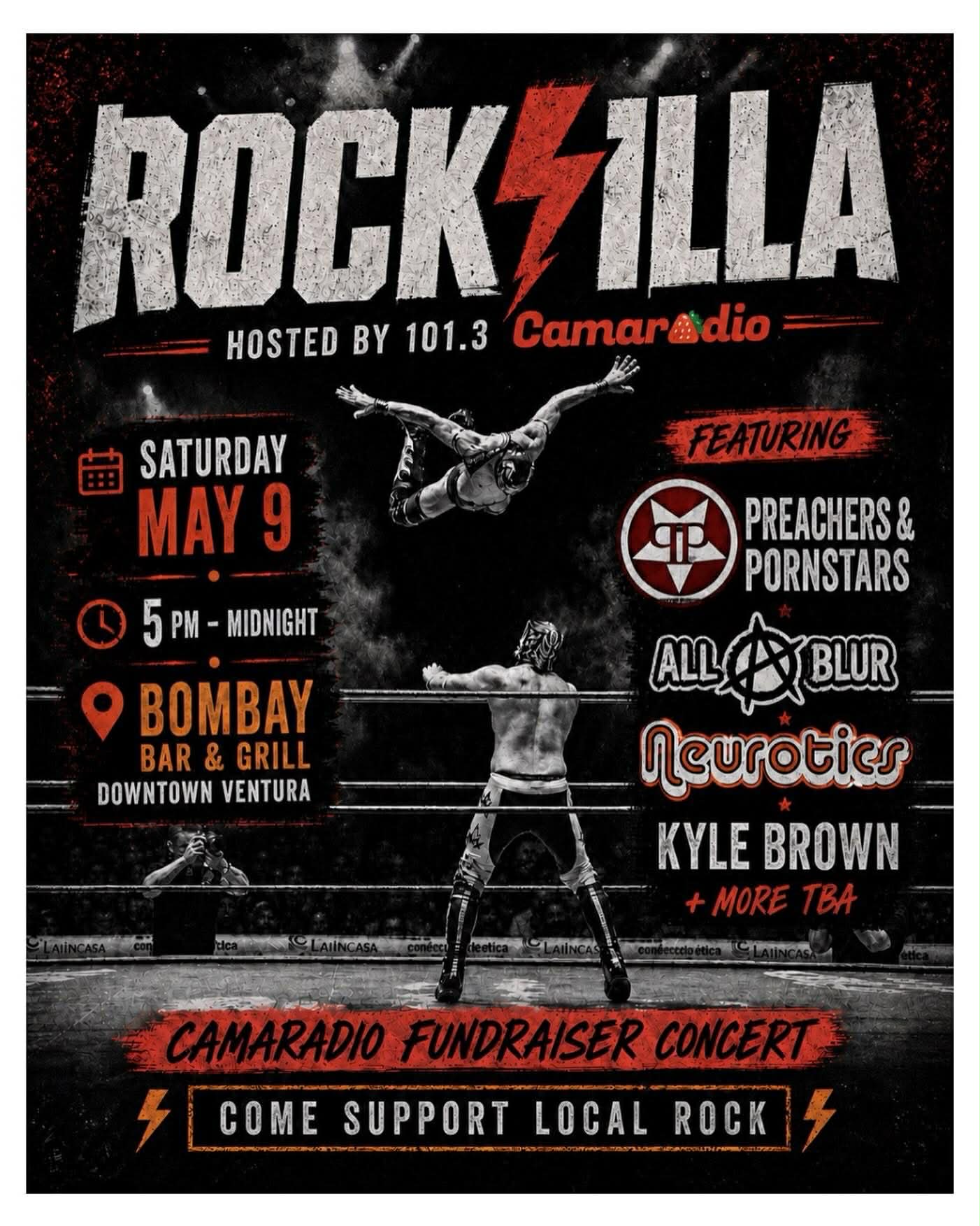 A grungy rock music-themed flyer featuring a boxing ring where one boxer is in mid-air diving onto the other boxer. Framing them is text with the event date and time as well as bands playing the concert. It's on May 9th at 5pm at Bombay Bar & Grill in Ventura.