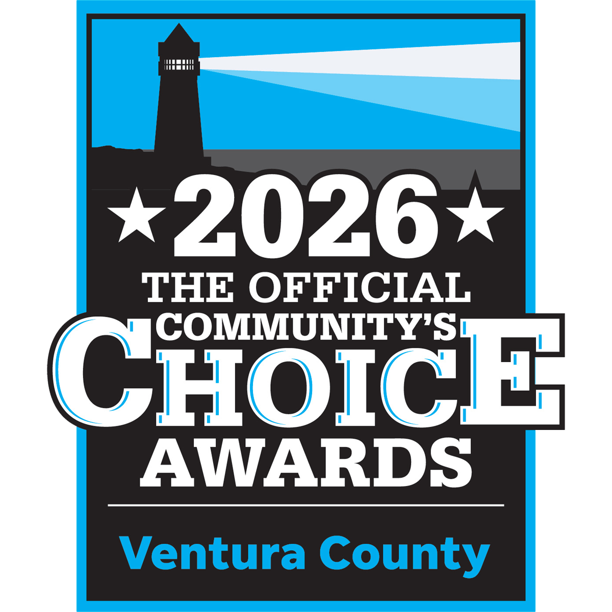 The Official Community Choice Awards 2026 logo featuring bold, white text and a silhouetted lighthouse at the top