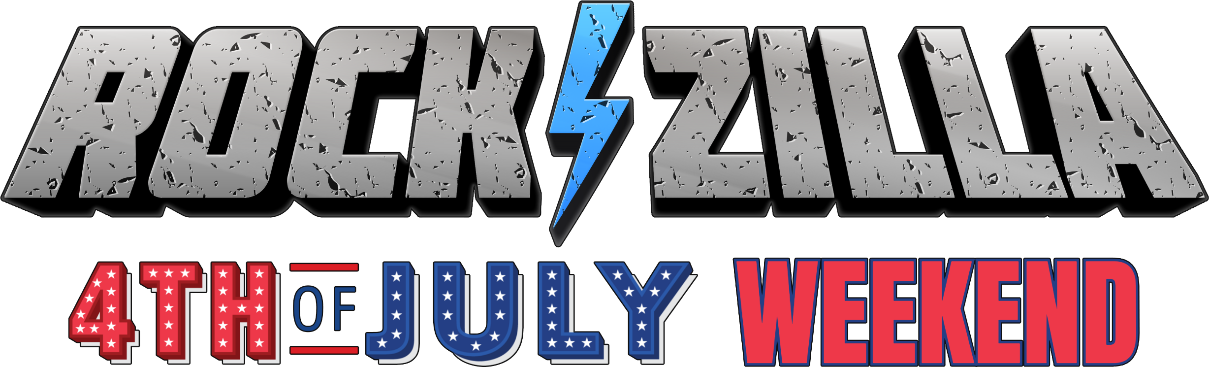 The RockZilla 4th Of July Weekend logo featuring red, white, and blue letters beneath the RockZilla logo that looks like stone
