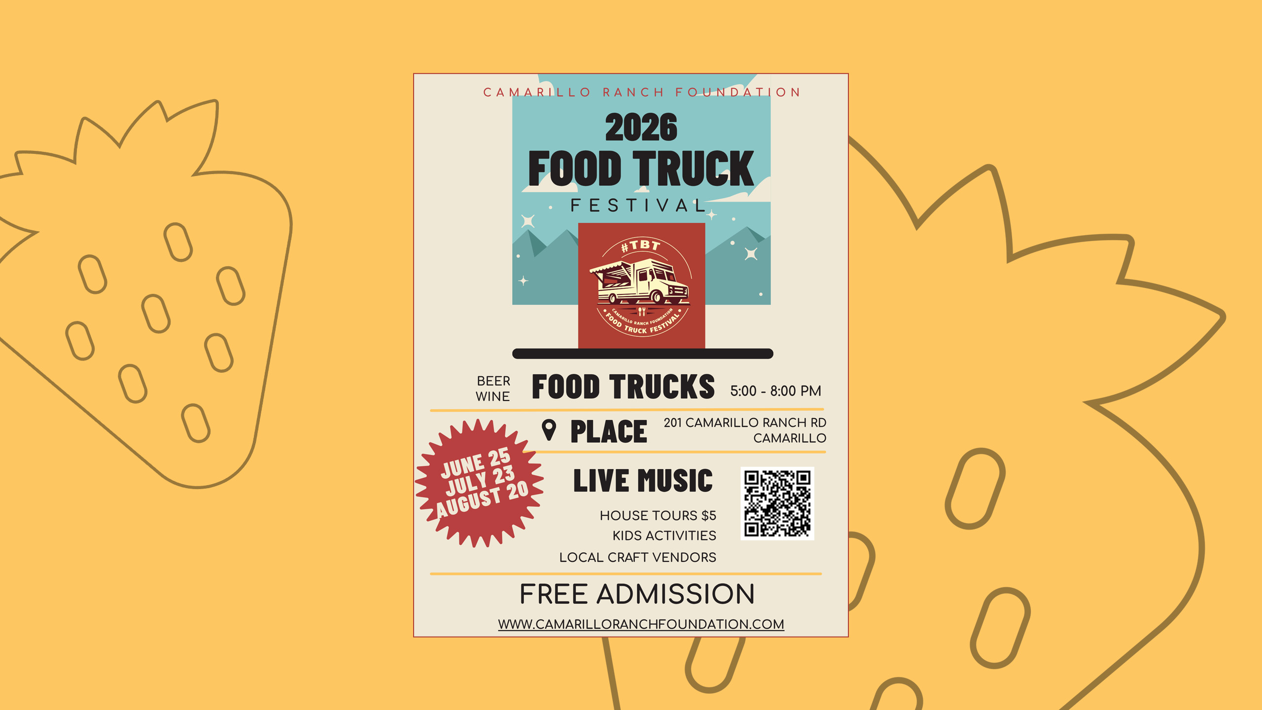 A flyer advertising the Throwback Thursday Food Truck Festival hosted by the Camarillo Ranch Foundation. It features an image of a food truck in a red box and bold text that says there will be live music and the event takes place from 5pm to 8pm the third Thursday of each month. There's a QR code in the lower right corner to learn more information.