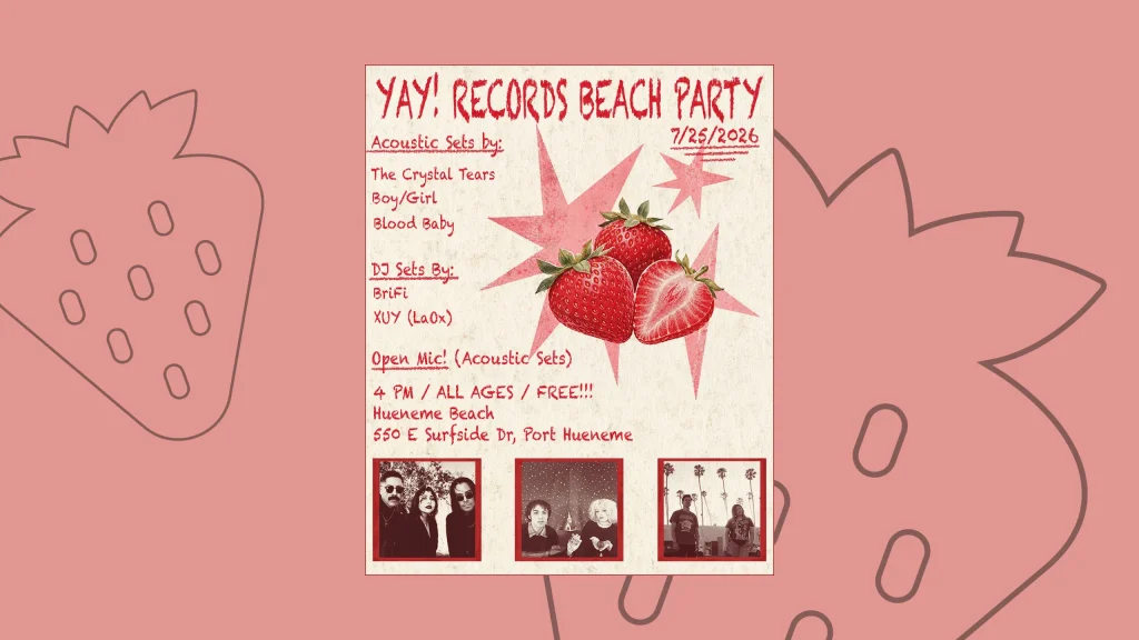 A flyer advertising a beach party at Hueneme Beach starting at 4pm. It has a distressed look with an image of strawberries featured in the center