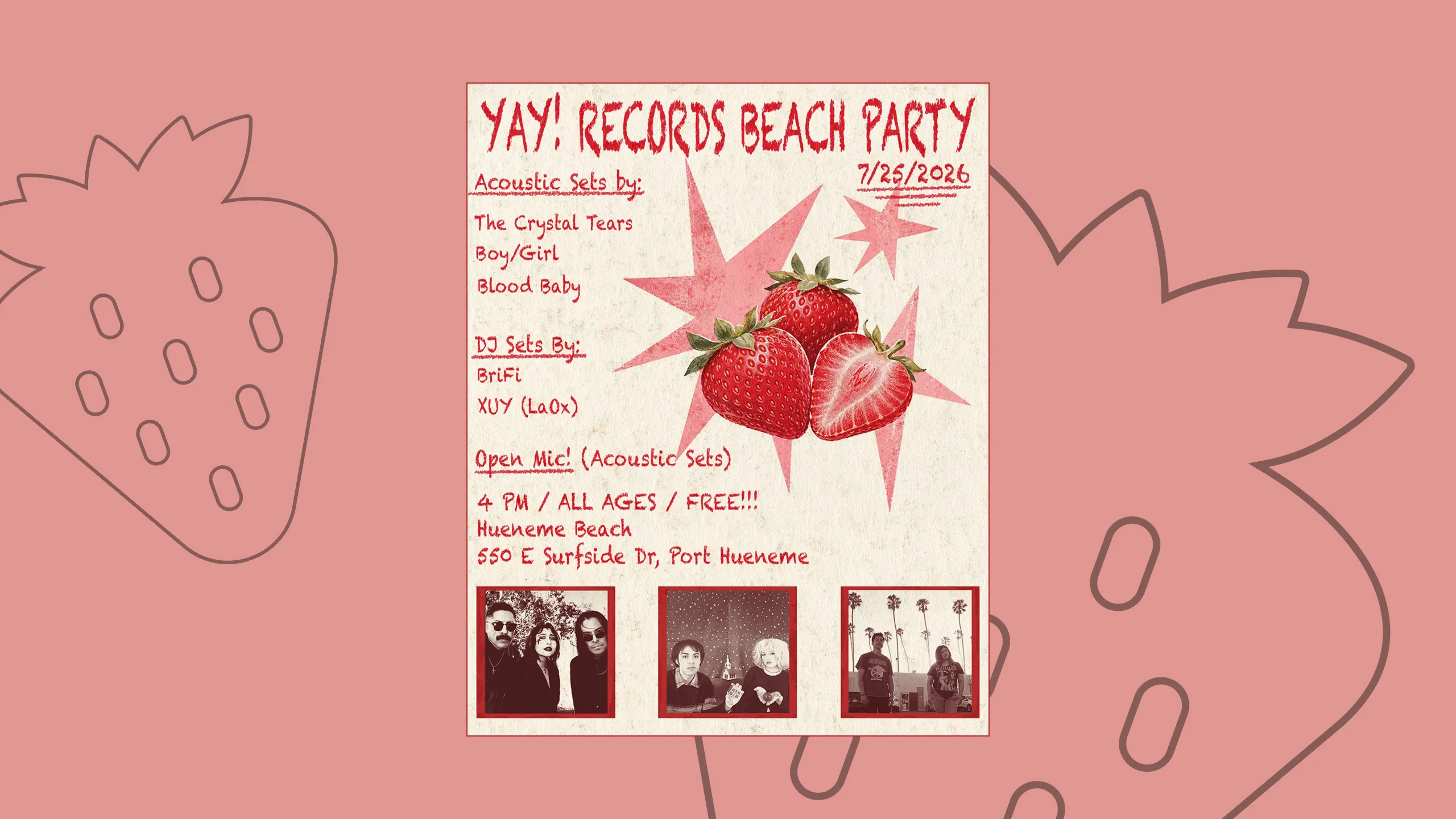A flyer advertising a beach party at Hueneme Beach starting at 4pm. It has a distressed look with an image of strawberries featured in the center