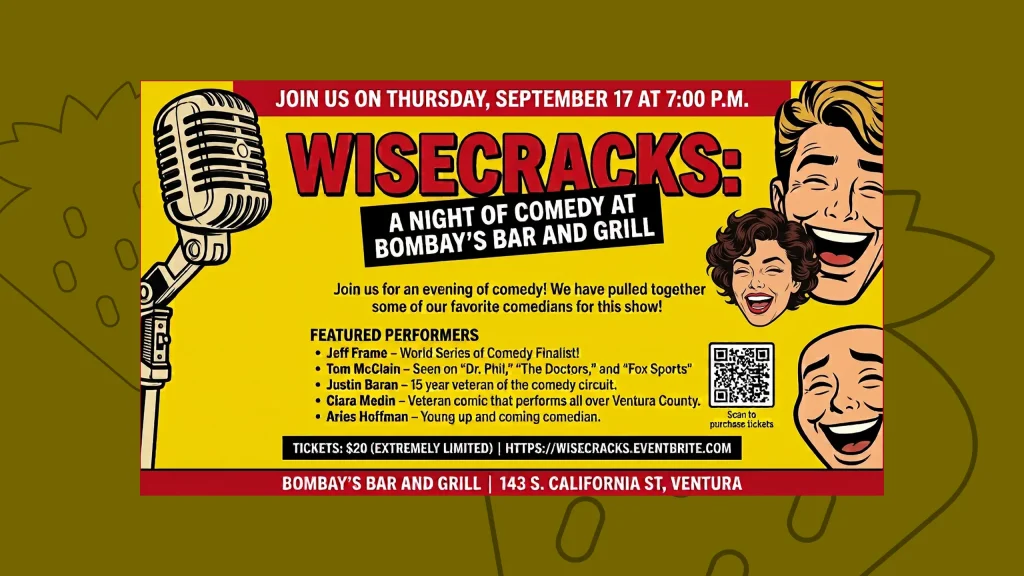 A bright yellow flyer advertising the Wisecracks comedy event at Bombay's Bar and Grill