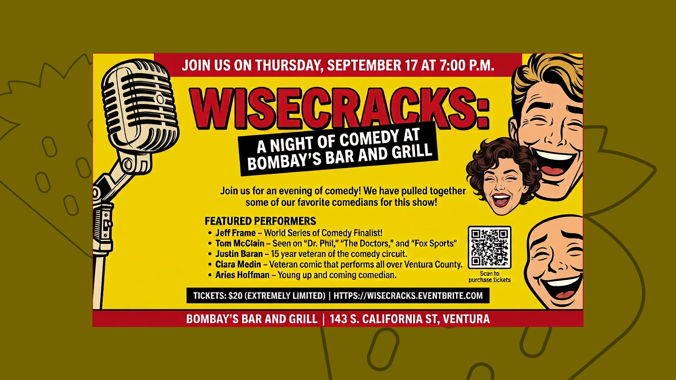 A bright yellow flyer advertising the Wisecracks comedy event at Bombay's Bar and Grill